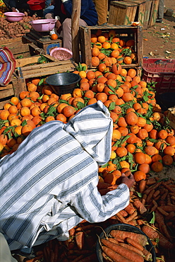 Man in traditional clothing sorting oranges and carrots at a stall in the market, Souk de Tinerhir, Ouarzazate Region, Morocco, North Africa, Africa