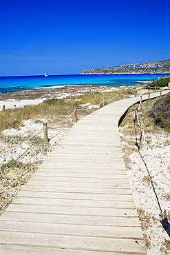 Wooden gangway at Playa de ses Illetes beach, Formentera, Balearic Islands, Spain, Mediterranean, Europe