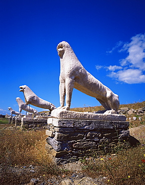 Naxian lions at the Lions Terrace, island of Delos, UNESCO World Heritage Site, Cyclades, Greek Islands, Greece, Europe