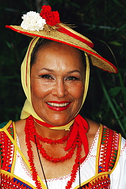 Portrait of a woman wearing traditional dress during Corpus Christi celebration, La Orotava, Tenerife, Canary Islands, Spain, Atlantic, Europe