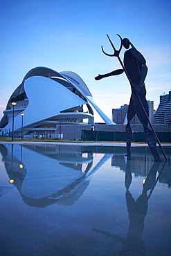 Sculpture and Palau de les Arts in the background, City of Arts and Sciences, Valencia, Spain, Europe