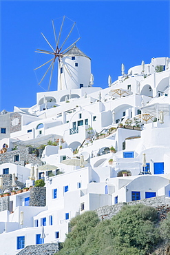 Stuccoed houses and windmill, Oia, Santorini, Cyclades Islands, Greek Islands, Greece, Europe