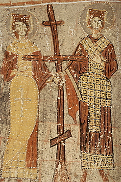 Close-up of wall paintings (frescoes), of Emperor Constantine and Teodosia holding the true cross, St. Barbara Church, Goreme Museum, Goreme, UNESCO World Heritage Site, Cappadocia, Anatolia, Turkey, Asia Minor, Eurasia