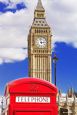 Red telephone box and Big Ben, Westminster, UNESCO World Heritage Site, London, England, United Kingdom, Europe