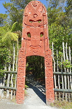 Maori door entrance, Te Puia, Rotorua, North Island, New Zealand, Pacific