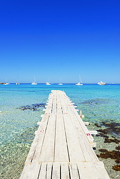 Pier in Formentera's turquoise waters, Formentera, Balearic Islands, Spain, Mediterranean, Europe 