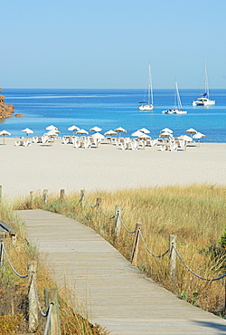 Wooden bridge leading to Cala Saona, Formentera, Balearic Islands, Spain, Mediterranean, Europe 