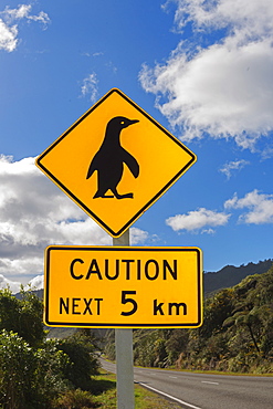 Penguin crossing sign, West Coast, South Island, New Zealand, Pacific