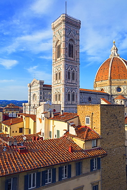 Roof top view of Unesco's Duomo Santa Maria del Fiore, Giotto's Campanile and Brunelleschi's dome, Florence, Tuscany, Italy, Europe