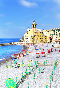 Old church and beach view, Camogli, Riviera di Levante, Liguria, Italy, Europe