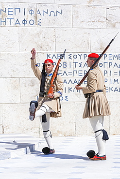 Evzone soldiers performing change of guard, Athens, Greece, Europe