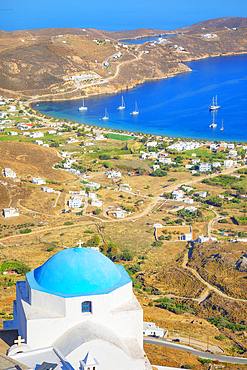 View of Livadi bay from the top of Chora village, Chora, Serifos Island, Cyclades Islands, Greece