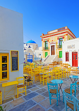 View of the colourful upper Chora central square, Chora, Serifos Island, Cyclades, Greek Islands, Greece, Europe