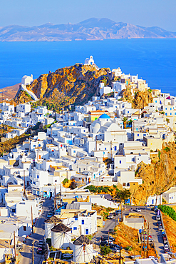 View of Chora village and Sifnos island in the distance, Chora, Serifos Island, Cyclades Islands, Greece