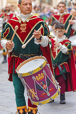 Participants wearing historical costumes on parade, Noto, Noto Valley, Sicily, Italy