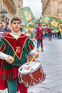 Participants wearing historical costumes on parade, Noto, Noto Valley, Sicily, Italy