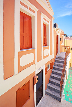 Colourful painted alley, Chorio, Symi Island, Dodecanese Islands, Greece