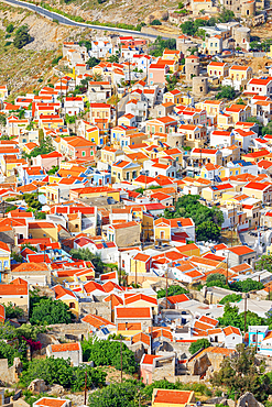 Chorio (upper town), high angle view, Chorio, Symi Island, Dodecanese Islands, Greece