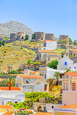 View of Chorio (upper town), Chorio, Symi Island, Dodecanese Islands, Greece