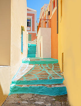 Colourful painted alley, Chorio, Symi Island, Dodecanese Islands, Greece