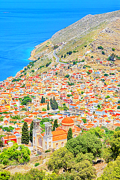 Chorio (upper town), high angle view, Chorio, Symi Island, Dodecanese Islands, Greece