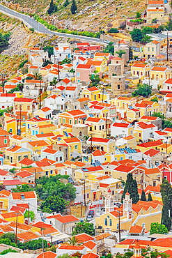 Chorio (upper town), high angle view, Chorio, Symi Island, Dodecanese Islands, Greece