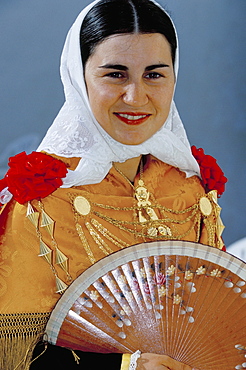 Portrait of a young country woman wearing typical dress and jewellery, Sant Miguel de Balansat, Ibiza, Balearic Islands, Spain, Meidterranean, Europe