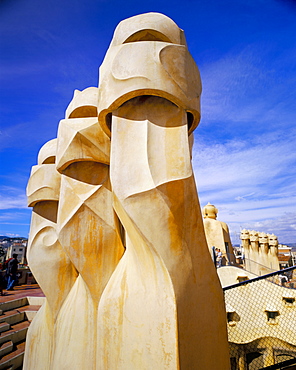 Gaudi architecture, chimneys, Casa Mila, La Pedrera, Barcelona, Catalonia (Cataluna) (Catalunya), Spain, Europe