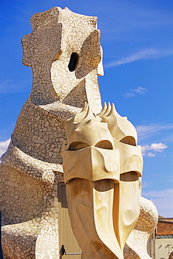 The bizarre chimneys of Gaudi's Casa Mila, La Pedrera, Barcelona, Catalonia (Catalunya) (Cataluna), Spain, Europe