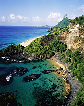 Aerial view of Baia dos Porcos, Parque Nacional de Fernando de Noronha, Fernando de Noronha, Pernambuco, Brazil, South America