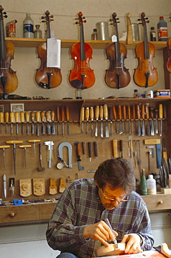 Master guitar maker, Jean-Jacques Pages's workshop, guitar making capital, Mirecourt, Vosges, Lorraine, France, Europe