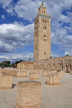 The Koutoubia minaret in the heart of the old medina next to a mosque of the same name, built in the 12th century, Marrakesh, Morocco, North Africa, Africa