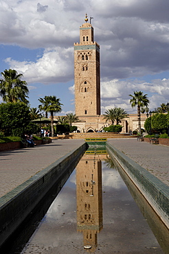 The Koutoubia minaret in the heart of the old medina next to a mosque of the same name, built in the 12th century, Marrakesh, Morocco, North Africa, Africa