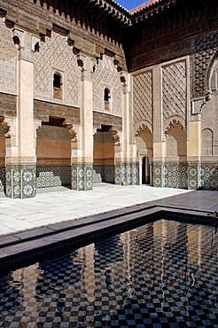 The Medersa Ben Youssef, the largest in Morocco, built by the Almoravide dynasty and then rebuilt in the 19th century, richly decorated in marble, carved wood and plasterwork, Medina, Marrakesh, Morroco, North Africa, Africa