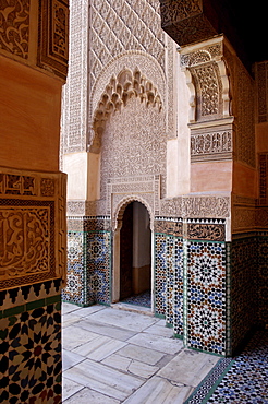 The Medersa Ben Youssef, the largest in Morocco, built by the Almoravide dynasty and then rebuilt in the 19th century, richly decorated in marble, carved wood and plasterwork, Medina, Marrakesh, Morroco, North Africa, Africa