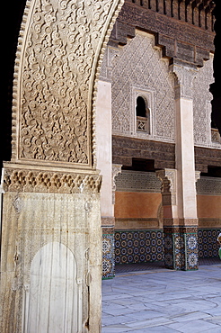 The Medersa Ben Youssef, the largest in Morocco, built by the Almoravide dynasty and then rebuilt in the 19th century, richly decorated in marble, carved wood and plasterwork, Medina, Marrakesh, Morroco, North Africa, Africa