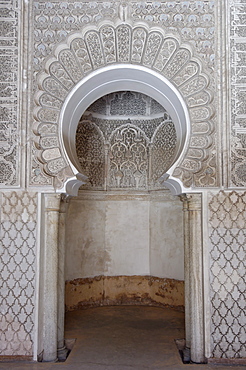 The Medersa Ben Youssef, the largest in Morocco, built by the Almoravide dynasty and then rebuilt in the 19th century, richly decorated in marble, carved wood and plasterwork, Medina, Marrakesh, Morroco, North Africa, Africa