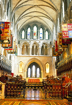 The choir and banners, St. Patrick's Catholic cathedral, Dublin, County Dublin, Eire (Ireland), Europe