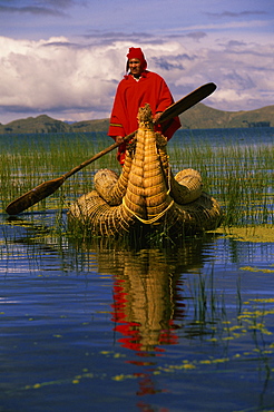 Traditiona Totora reed boat & Aymara, Lake Titicaca, Bolivia / Peru, South America