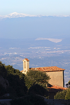 View of monastery and Pyrenees, Montserrat, Catalonia, Spain, Europe