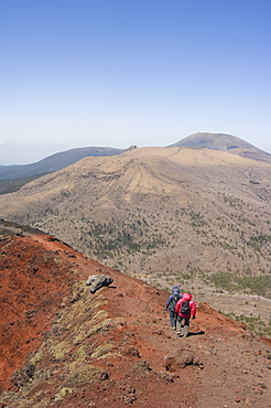 Hikers, volcanic scenery and hiking trail, Kirishima National Park, Kagoshima prefecture, Kyushu, Japan, Asia