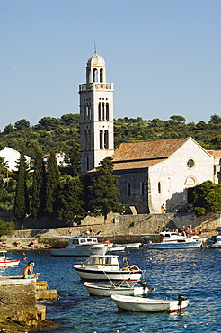 Harbour area, and 15th century Renaissance Franciscan monastery, Hvar Island, Dalmatia, Croatia, Europe