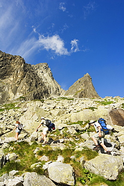 Hikers on trail, High Tatras Mountains (Vyoske Tatry), Tatra National Park, Slovakia, Europe