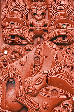 Carvings on a Whare Whakairo Meeting House, carvings representing the dead and manifestations of ancestors preserved tribal history in an oral society, Te Puia Maori Village, Rotorua, Taupo Volcanic Zone, North Island, New Zealand, Pacific