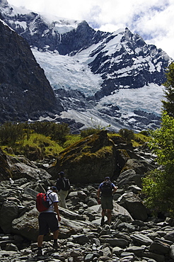 Hikers approaching Rob Roy Glacier, Mount Aspiring National Park, Otago, South Island, New Zealand, Pacific