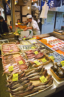 Indoor market fish stall, Kyoto, Honshu Island, Japan, Asia