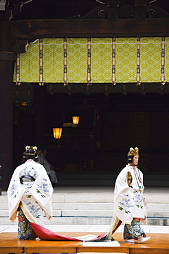 Dance by shrine maidens in special kimono on Culture Day Holiday at Meiji Shrine dedicated to Emperor Meiji in 1920, Harajuku District, Tokyo, Honshu Island, Japan, Asia