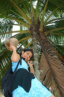 Thai girl holding a coconut beneath a palm tree, Thailand, Southeast Asia, Asia