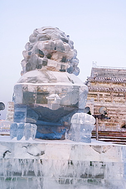 A traditional Chinese lion ice sculptures at the Ice Lantern Festival, Harbin, Heilongjiang Province, Northeast China, China, Asia