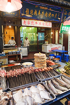 Barbeque food at a street market in the Muslim area of Xian, Shaanxi Province, China, Asia